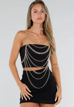Goudkleurige Bodychain met Choker en Verstelbare Rugsluiting