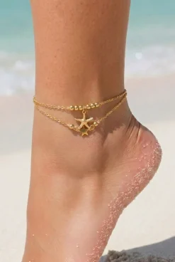 Goudkleurige Enkelbandjes Set met Zeesterren en Kralen
