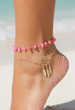 Goudkleurig Enkelbandje met Roze Steentjes en Dromenvanger Bedeltje