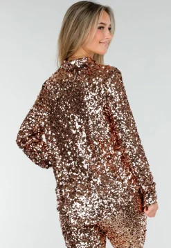 Goudkleurige Pailletten Blouse met Kraag en Lange Mouwen