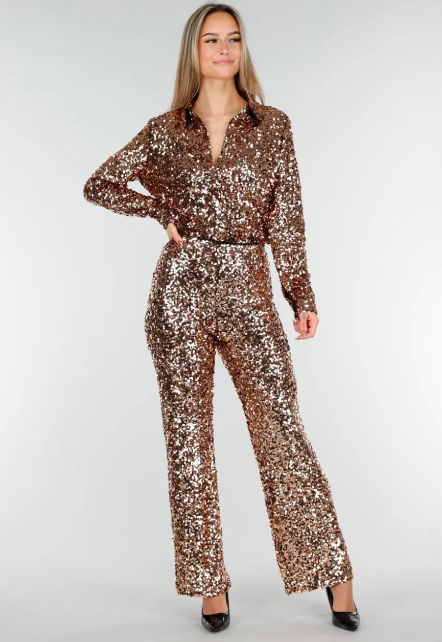 Goudkleurige Pailletten Blouse met Kraag en Lange Mouwen