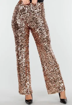 Goudkleurige Pailletten Broek met Hoge Taille en Rechte Pijpen