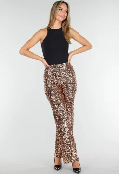 Goudkleurige Pailletten Broek met Hoge Taille en Rechte Pijpen