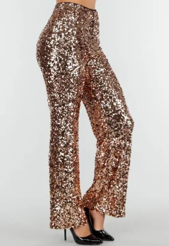 Goudkleurige Pailletten Broek met Hoge Taille en Rechte Pijpen