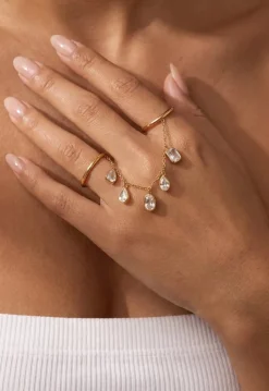 Goudkleurige Stainless Steel Ringenset met Steentjes en Ketting