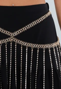 Goudkleurige Tailleketting met Strass en Lange Hangers