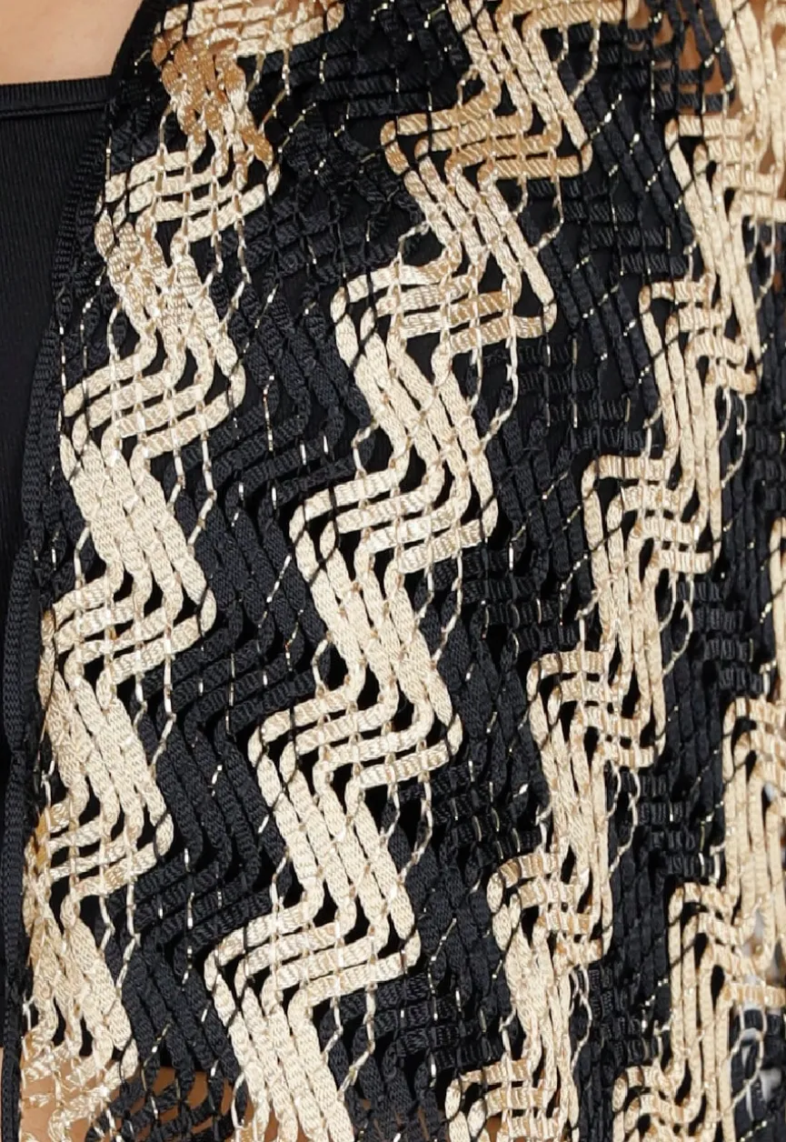 Goud-Zwarte Cover-Up met Zigzagpatroon en Franjes
