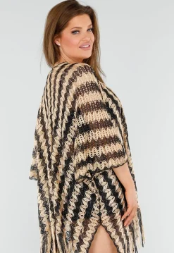 Goud-Zwarte Cover-Up met Zigzagpatroon en Franjes