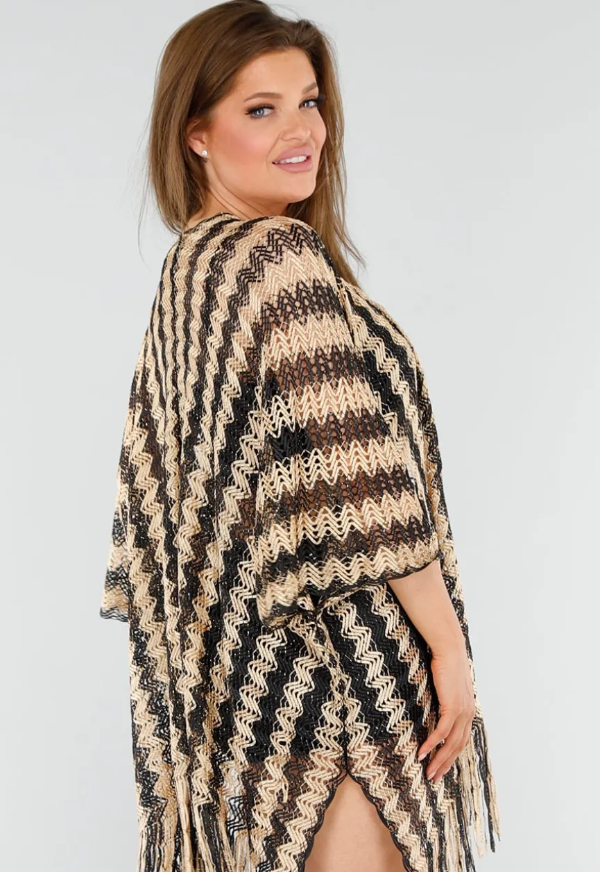 Goud-Zwarte Cover-Up met Zigzagpatroon en Franjes