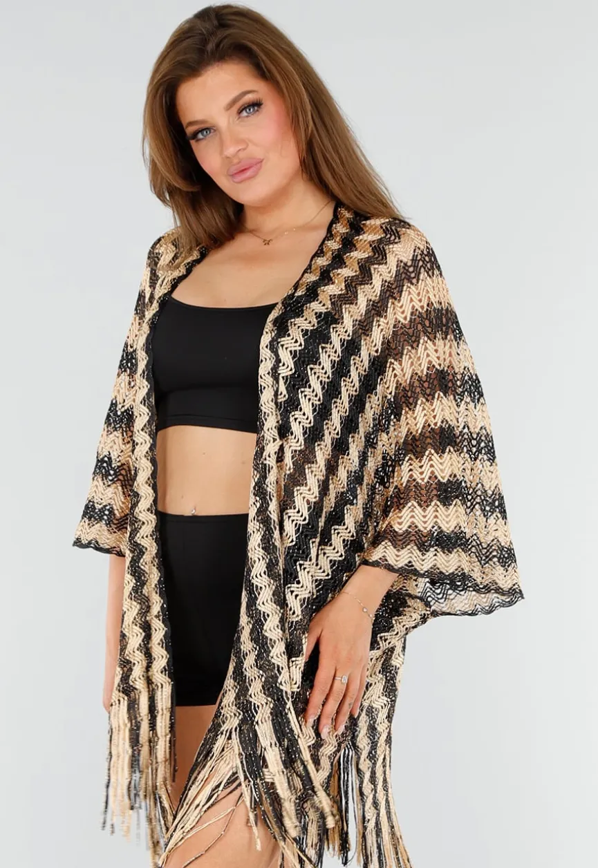 Goud-Zwarte Cover-Up met Zigzagpatroon en Franjes