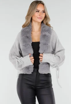 Grijs Gebreid Vest met Faux Fur Kraag en Strikdetails