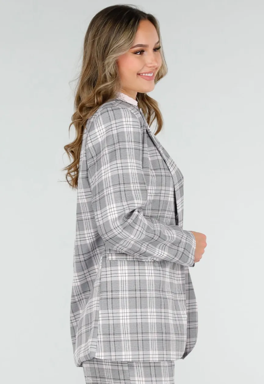 Grijs Roze Geruite Blazer met Schoudervullingen