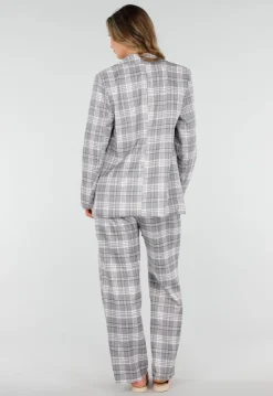 Grijs Roze Geruite Blazer met Schoudervullingen