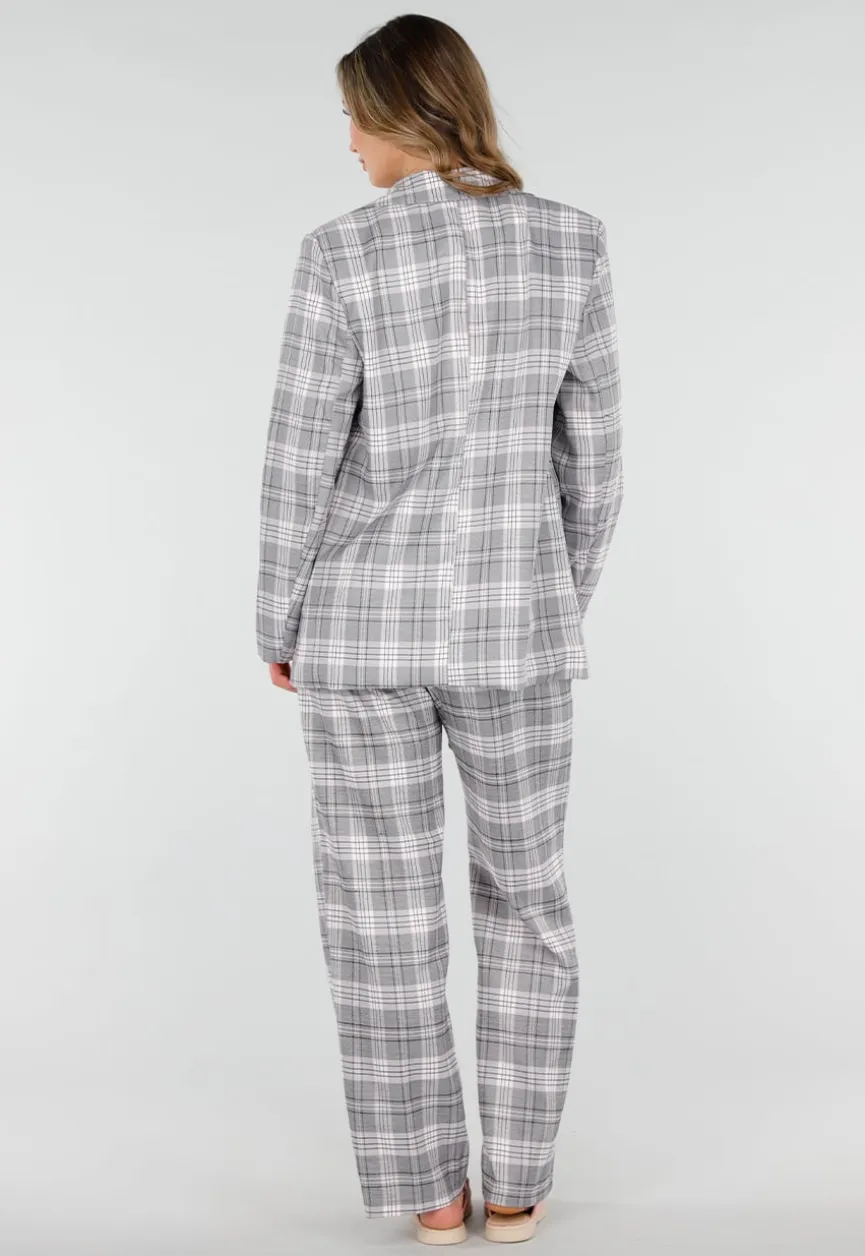 Grijs Roze Geruite Blazer met Schoudervullingen
