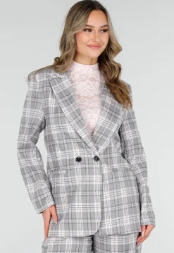 Grijs Roze Geruite Blazer met Schoudervullingen