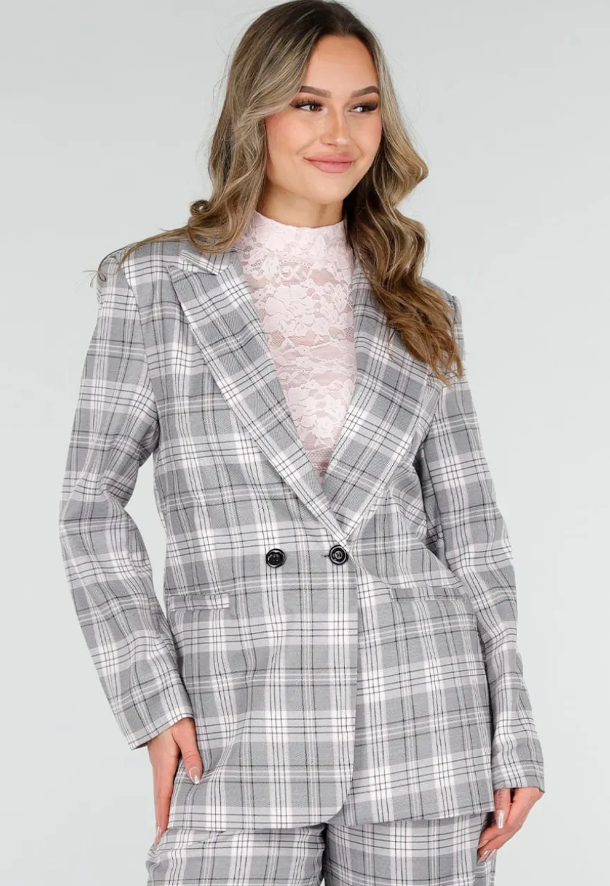 Grijs Roze Geruite Blazer met Schoudervullingen