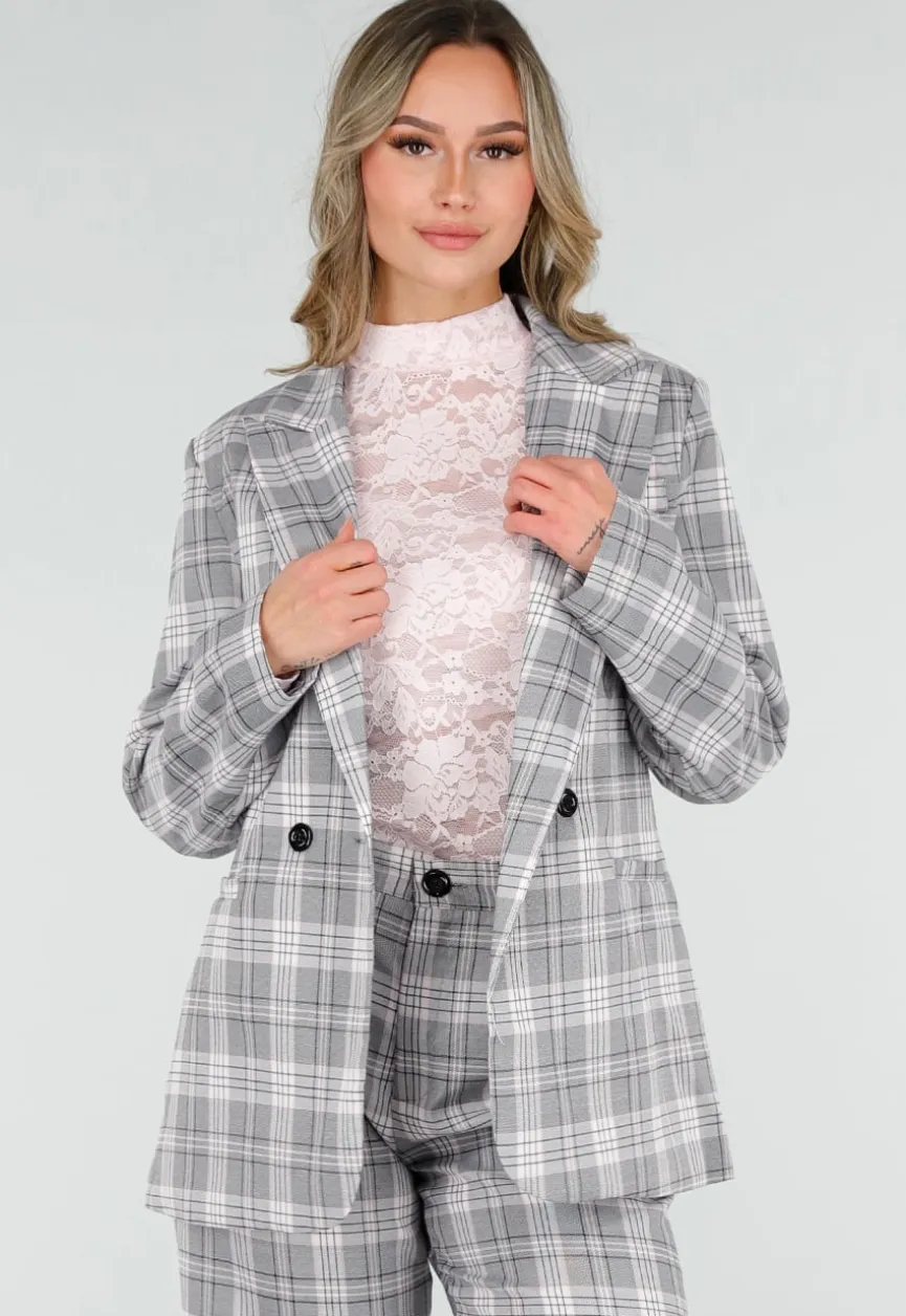 Grijs Roze Geruite Blazer met Schoudervullingen