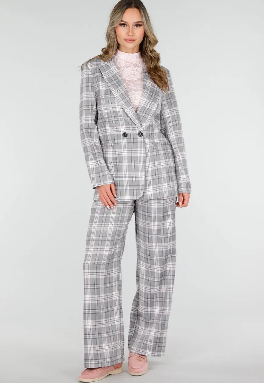 Grijs Roze Geruite Blazer met Schoudervullingen