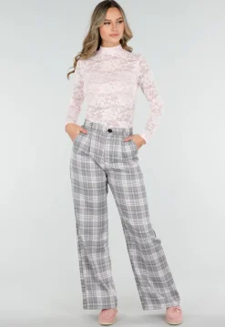 Grijs Roze Geruite Pantalon Straight Leg