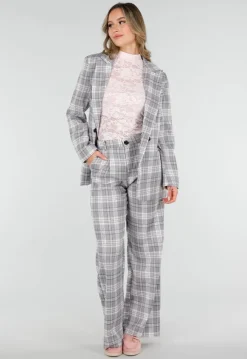 Grijs Roze Geruite Pantalon Straight Leg