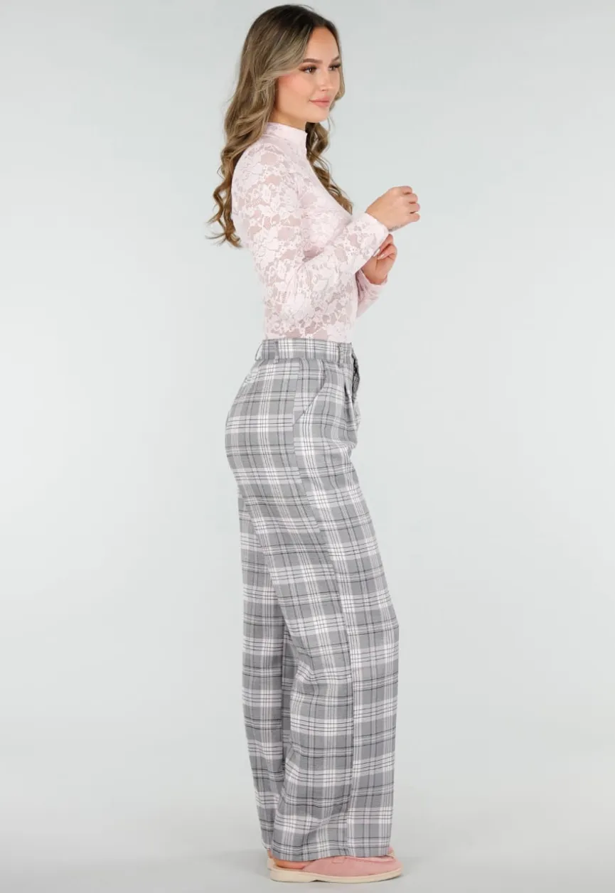 Grijs Roze Geruite Pantalon Straight Leg