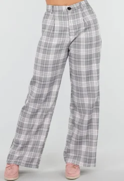 Grijs Roze Geruite Pantalon Straight Leg