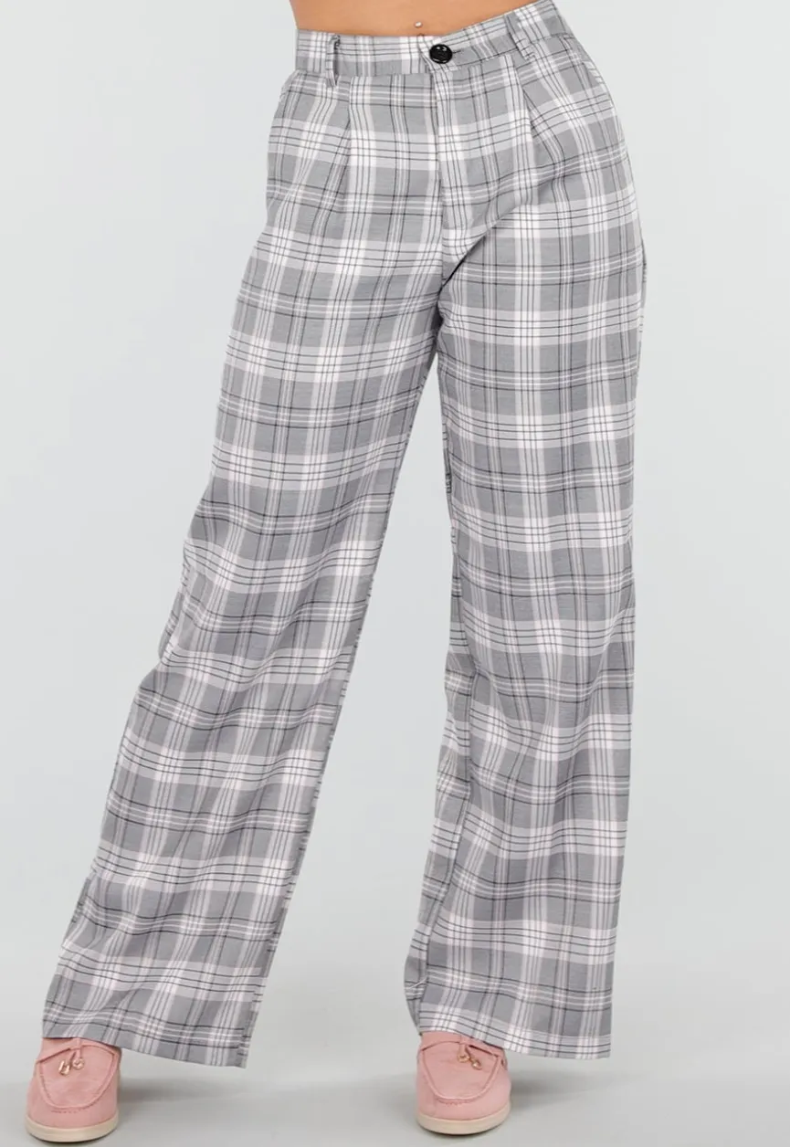 Grijs Roze Geruite Pantalon Straight Leg