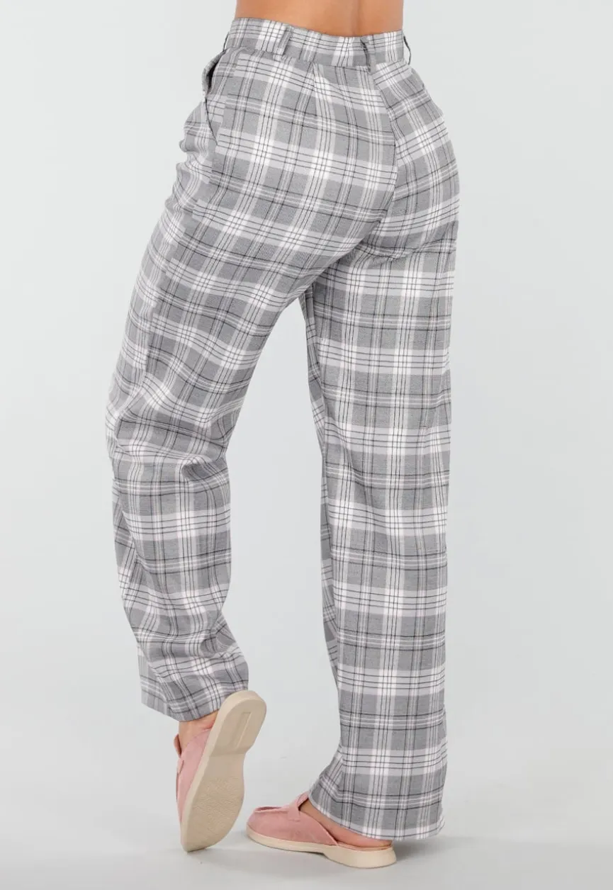 Grijs Roze Geruite Pantalon Straight Leg