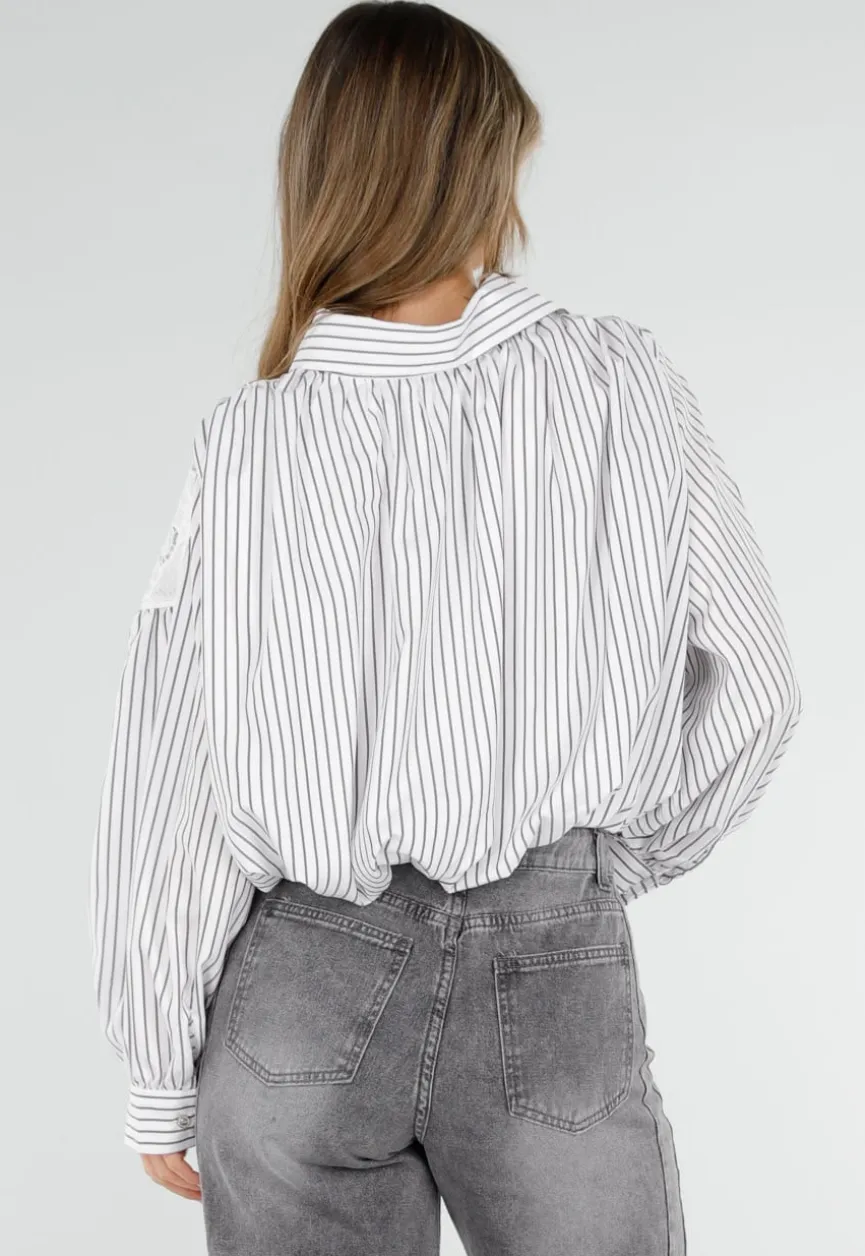 Grijs Wit Gestreepte Blouse met Kant en Lange Mouwen