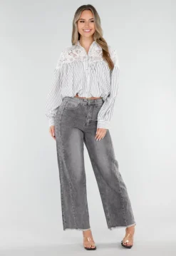 Grijs Wit Gestreepte Blouse met Kant en Lange Mouwen