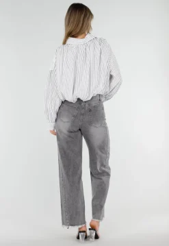 Grijs Wit Gestreepte Blouse met Kant en Lange Mouwen