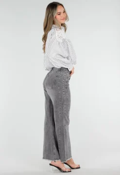 Grijs Wit Gestreepte Blouse met Kant en Lange Mouwen