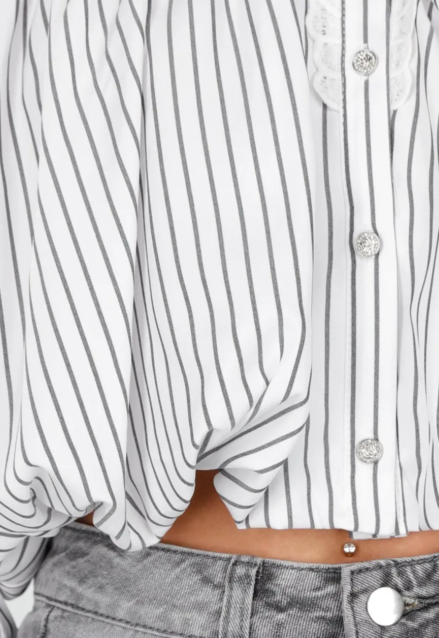 Grijs Wit Gestreepte Blouse met Kant en Lange Mouwen