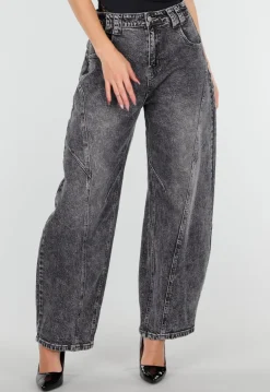 Grijze Barrel Jeans met Stonewashed Look en Hoge Taille