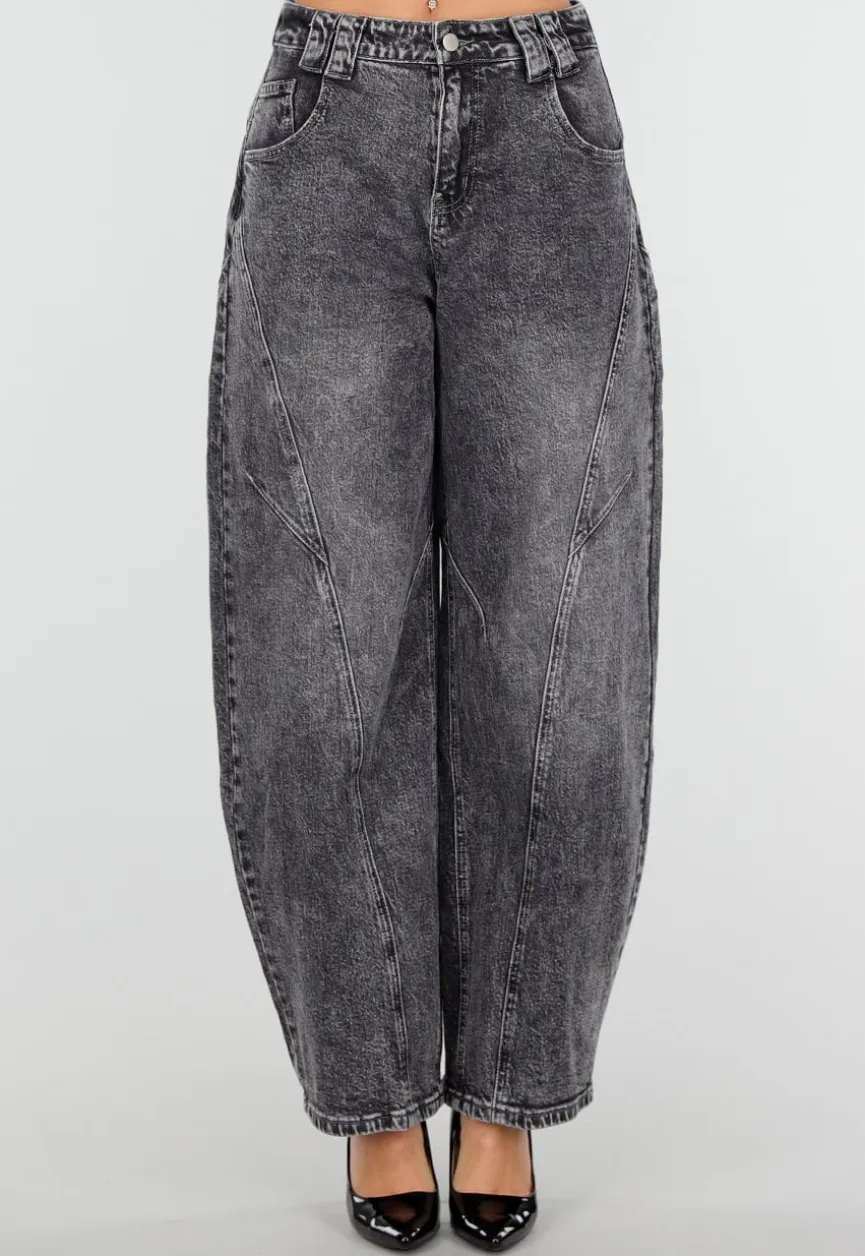 Grijze Barrel Jeans met Stonewashed Look en Hoge Taille