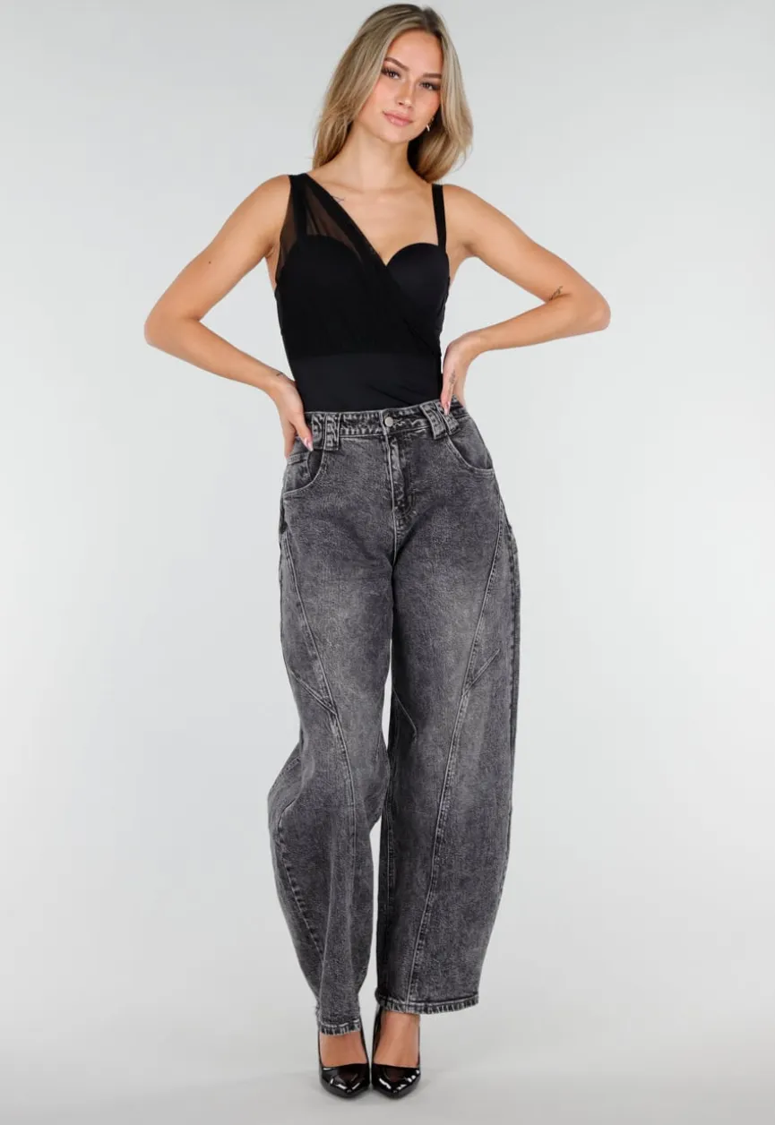 Grijze Barrel Jeans met Stonewashed Look en Hoge Taille