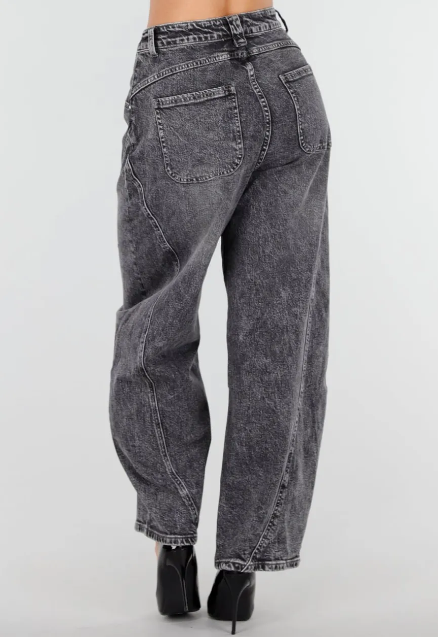 Grijze Barrel Jeans met Stonewashed Look en Hoge Taille