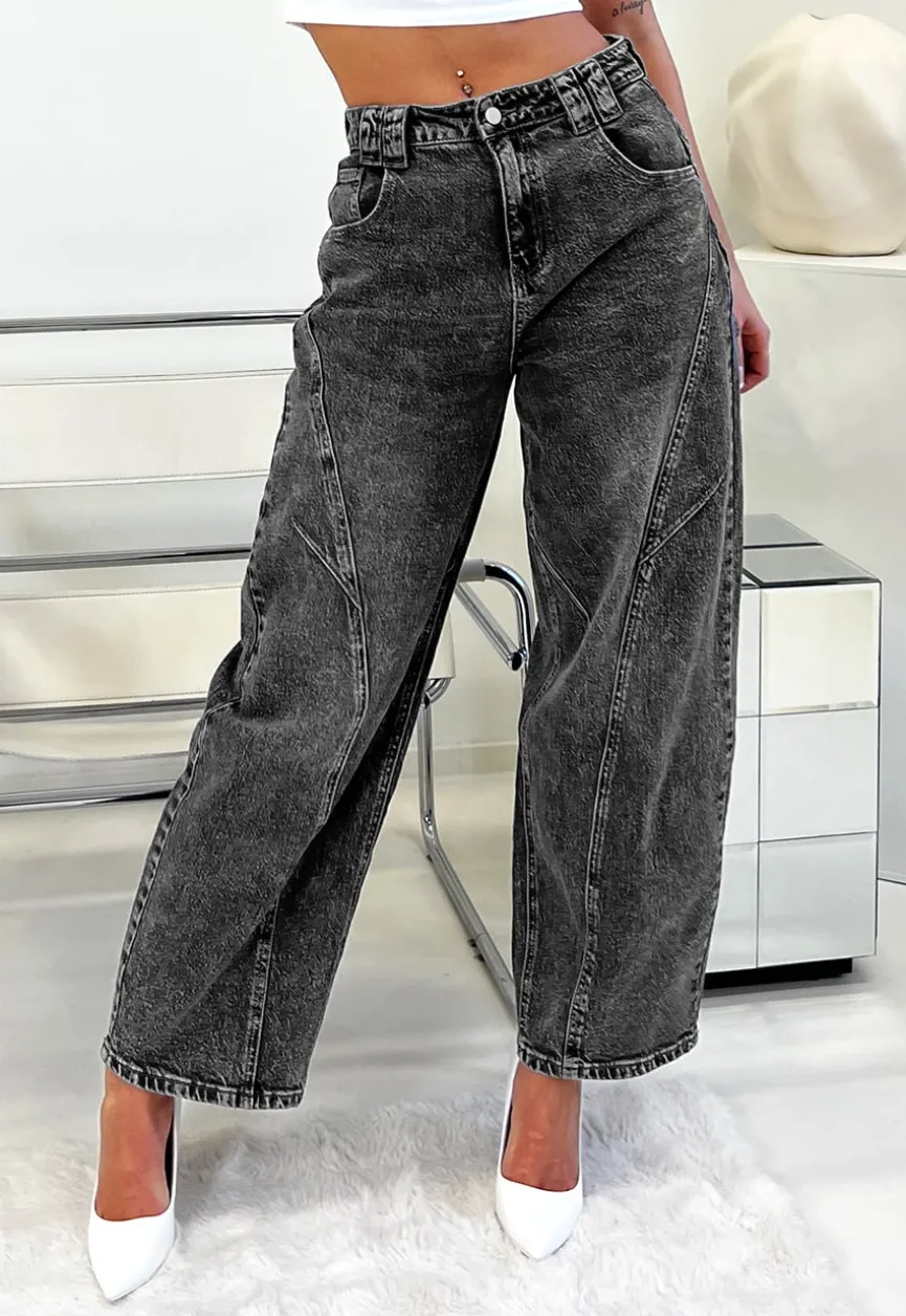 Grijze Barrel Jeans met Stonewashed Look en Hoge Taille
