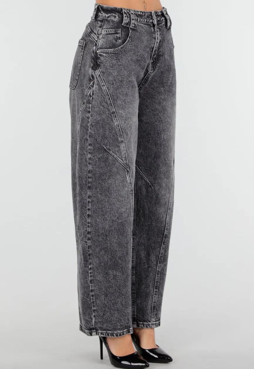Grijze Barrel Jeans met Stonewashed Look en Hoge Taille
