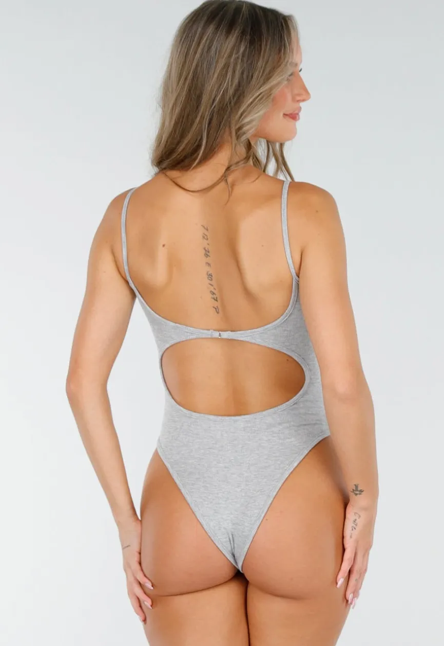 Grijze Bodysuit met Spaghetti Bandjes en Pads