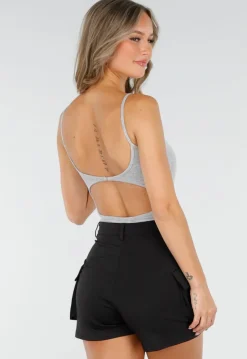 Grijze Bodysuit met Spaghetti Bandjes en Pads