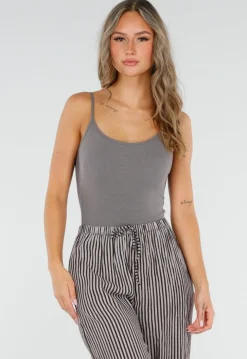 Grijze Bodysuit met Spaghetti Bandjes en Pads