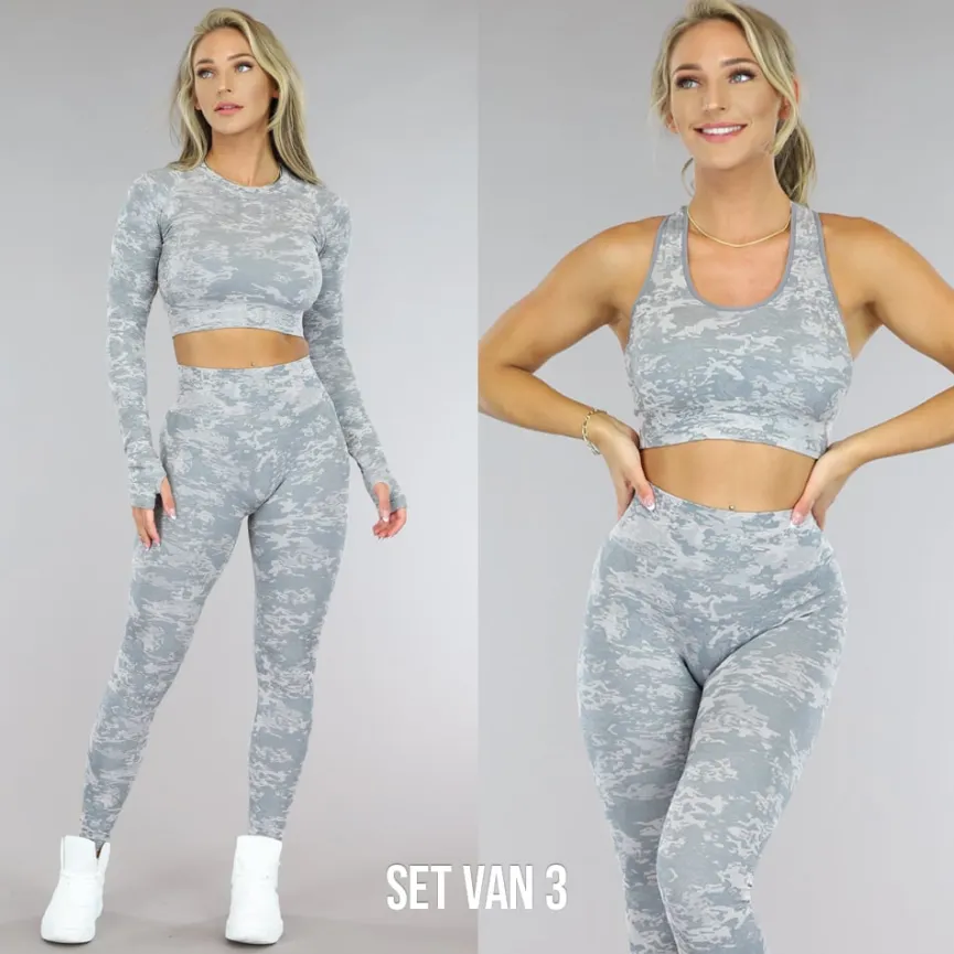 Grijze Camouflage Driedelige Sportset