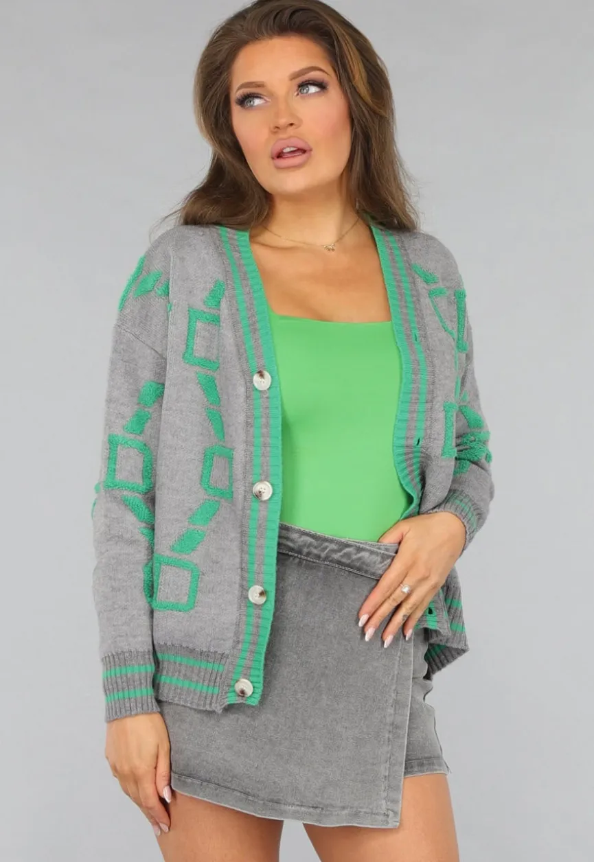 Grijze Cardigan met Groene Details