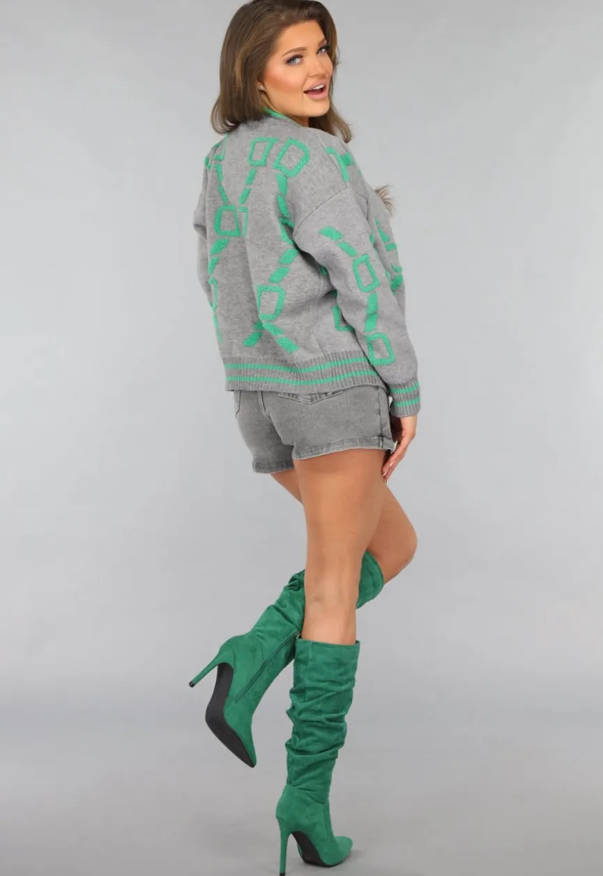 Grijze Cardigan met Groene Details