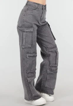 Grijze Cargo Broek met Strass Steentjes