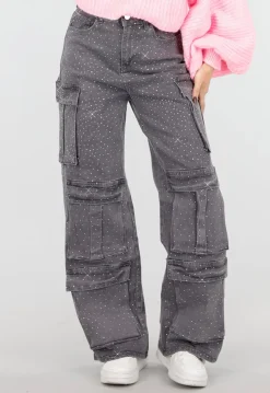 Grijze Cargo Broek met Strass Steentjes