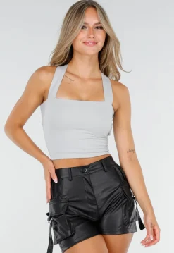 Grijze Cropped Top met Kruisbanden en Striksluiting Achter