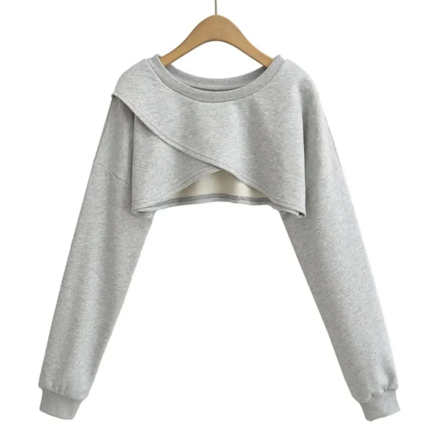 Grijze Cropped Trui met Overslag Look