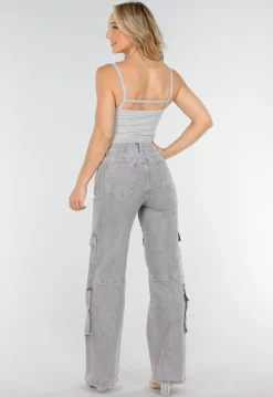 Grijze Cut-Out Top met Spaghetti Bandjes en Stretch